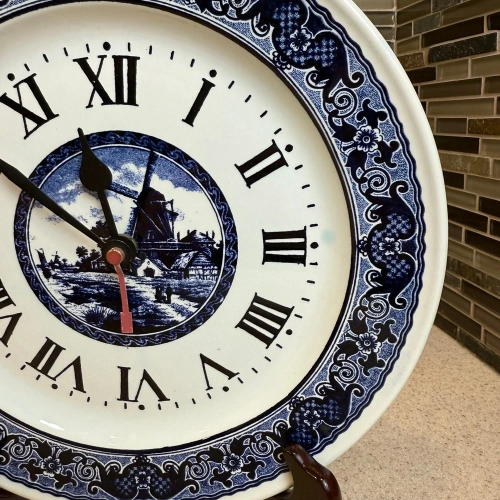 Vintage Boch Delft Blue White Windmill‎ Ceramic Plate Wall Clock Belgium WORKS